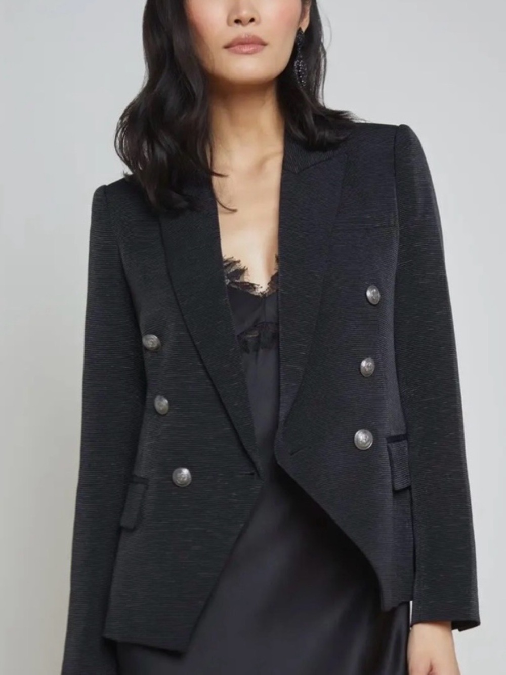 L'AGENCE Kenzie Double-Breasted Ribbed Ottoman Fabric Textured Blazer